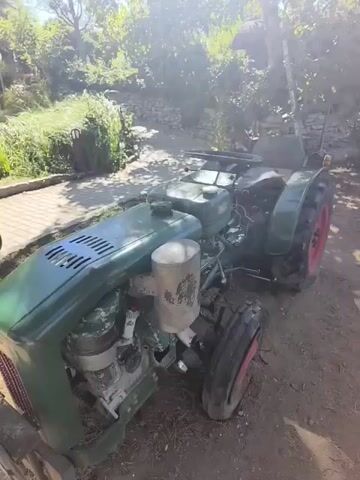 A green tractor with red rims on the wheels is parked on a dirt path. The tractor is in a garden setting with lush green foliage and trees. There are rows of grapevines with visible posts supporting them. Sunlight filters through the leaves, casting dappled shadows on the ground. The video pans to the right, showing more of the garden and a large tree trunk on the right side of the frame.