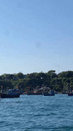 Colorful fishing boats moored in Nha Trang harbor