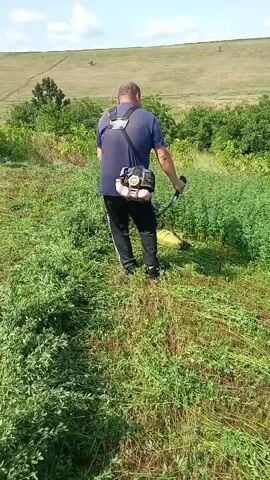 A person is using a string trimmer to cut grass in a field. The person is wearing a blue t-shirt, black pants, and a harness attached to the trimmer. The trimmer has a yellow gas tank and a black engine. The field is covered in green grass and some of the grass has already been cut and is lying on the ground. In the background, there is a hill with trees and a blue sky with some clouds.