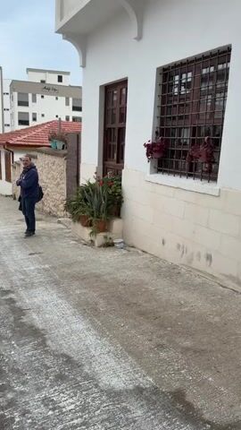 The video shows a narrow street or alleyway in Finike, Turkey, on an overcast day. The street is paved with concrete or asphalt, showing some lighter-colored patches. Buildings with varying architectural styles line both sides of the street. On the right, there's a white two-story building with brown-framed windows, some of which have decorative metal grates. Potted plants, including what appears to be an agave, are arranged near its base. Further down on the right, there's a lower building with a terracotta roof and stone-clad walls. On the left, another building features red and white painted sections with balconies. In the background, taller, more modern white buildings are visible. A street light stands to the left.

A man wearing a blue hoodie, jeans, and carrying a black shoulder bag is initially standing in the middle of the street, looking to his right. He then turns and walks away from the camera, down the street. Shortly after, a woman in a black dress with a white floral pattern and white shoes walks into the frame from the left and approaches the camera.

A sign visible on one of the background buildings reads "Mektep Sokağı," which translates to "School Street." The audio contains a conversation in Russian, with one person saying "фотографируй на свой телефон" (photograph on your phone) and another responding "я вообще-то..." (I actually...).