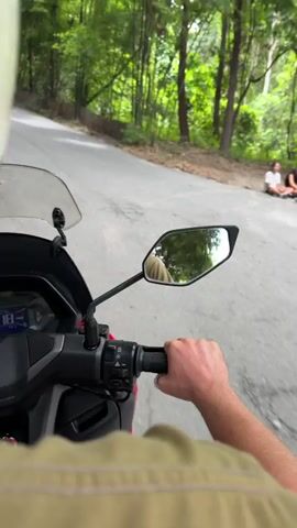 A first-person perspective shot shows someone riding a scooter on a paved road surrounded by a lush bamboo forest. The rider's gloved hand is visible on the scooter's handlebar. A side mirror reflects the rider's back and the green foliage. In the distance, a red open-air vehicle, possibly a songthaew, is driving away from the scooter. The road curves to the right, and bamboo stalks arch over the road, creating a natural tunnel effect. The sun is filtering through the dense bamboo, creating a dappled light effect. The overall environment is serene and verdant.