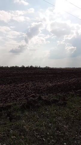 The video shows a recently plowed field under a sky with patches of clouds. The field is dark brown and shows signs of tilling. A strip of grass and weeds is visible in the foreground. The background features a line of trees. There are telephone wires overhead, and the sky is blue with patches of white clouds, with the sun peeking through some of them.