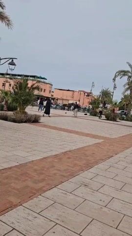 The video captures a scene in a city square. The square is paved with light-colored rectangular stones with alternating lines of brick. In the background are low-rise buildings painted in pastel colors, and some palm trees are sparsely planted. A black lamp post is seen on the left. Several people are present in the square. One person dressed in a white sweater and black pants runs into the frame. He stumbles and falls, dropping his hat on the ground. The other people in the square continue walking, seemingly unconcerned by the fall. A few horse-drawn carriages are visible, and a silver car is parked near the carriages.