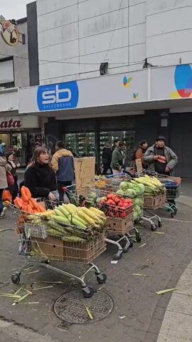 The video shows a pedestrian street scene on a cloudy day. There are several shopping carts filled with fresh produce, primarily corn, tomatoes, and carrots. These carts are arranged in the center of the walkway, partially obstructing the path. People are walking around the carts, some interacting with the produce. Several stores line the street, including a Bata shoe store, a pharmacy called "salcobrand", and another store with a sign that says "Tienda Alemana Pichara." The street is paved with bricks and littered with corn husks. People of various ages and genders are present, wearing casual clothing. The general atmosphere suggests a busy, outdoor market or shopping area.