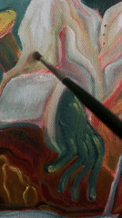 Artist paints sword-wielding frog in white kimono on canvas