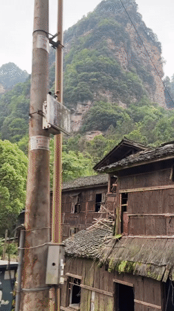 Decaying wooden structure and roadside scenery documented in Zhonghu