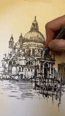 Ink sketch of a domed cathedral taking shape by hand