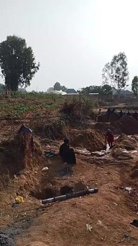 The video shows a group of people working in a field. The ground is mostly bare earth, with some patches of vegetation and small trees. There are several piles of dirt and what appear to be bags scattered around the area. Some of the people are standing or walking around the dirt piles, while others appear to be digging. There are also some long metal pipes lying on the ground. In the background, there are some houses and more trees. The sky is overcast and bright.