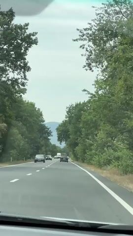The video shows a first-person view of driving on a highway. The road is paved and has white lane markings. On either side of the road are dense green trees. There are several cars on the road, traveling in the same direction as the camera. In the distance, a mountain range is visible under a cloudy sky. The sun is not directly visible, but the lighting suggests it is daytime. The camera is positioned behind the windshield of a vehicle.