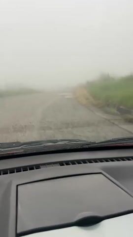 The video, shot from the perspective of a vehicle's dashboard, shows a car driving slowly on a severely damaged and unpaved road in heavy fog. The road surface is extremely rough, featuring numerous potholes and uneven patched sections, suggesting poor maintenance or a remote location. Visibility is significantly reduced by the dense fog, obscuring the distance. Grass and sparse vegetation line the sides of the road, which appears to wind slightly. The dashboard and windshield wipers are visible in the foreground. The weather is overcast and foggy, creating a subdued and challenging driving environment. No people or visible text are present. The scene is consistent with driving through a rural or remote area in El Algarrobo, Venezuela, under adverse weather conditions.
