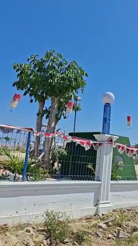 The video shows a sunny outdoor scene with a clear blue sky. In the foreground, a white fence with decorative red and white bunting is visible. Behind the fence, there is a structure covered in green artificial grass with a circular opening. Several red and white windsock-like objects are hanging in the air, moving in the wind. Further in the background, a white building with domes, possibly a mosque, is visible. There are trees and some parked vehicles in the distance. The ground in the foreground appears to be a dirt and gravel surface with some vegetation. The overall impression is of a public outdoor space decorated for an event.