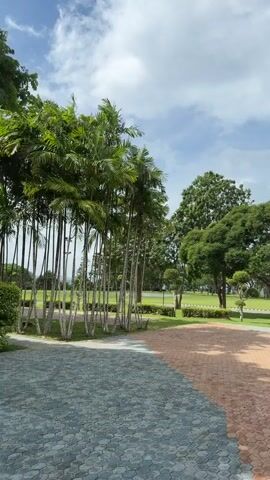 The video pans across a park-like setting on a cloudy day. In the foreground, there is a paved pathway made of interlocked hexagonal tiles in shades of blue-gray and orange-brown. Beyond the path is a lush green lawn dotted with trees. Tall, slender palm trees are visible on the left, with their fronds swaying gently. Further into the park, a large, leafy tree dominates the landscape. In the middle ground, a wooden tower structure is adorned with flags, including what appears to be the Thai flag. More palm trees are visible to the right of the tower, lining a gently curving path. In the background, mountains or hills can be seen shrouded in mist or clouds. The sky is a mix of blue and white clouds, with some darker, possibly stormy clouds gathering on the horizon. The overall impression is of a serene outdoor space with a nationalistic monument. No people or animals are visible in the video.