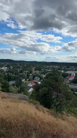 The video opens with a view of a small town from a grassy hillside overlooking the landscape. In the foreground, dry grass and rocks are visible. The town features a mix of houses with red roofs and larger, multi-story buildings. Green trees are interspersed throughout the residential areas. Beyond the town, a body of water is visible, surrounded by reeds and trees. The sky is filled with dramatic clouds, with patches of blue sky breaking through. A bird can be seen flying in the sky at the beginning of the video. The camera pans slightly to the right, revealing more of the town and the surrounding natural landscape.