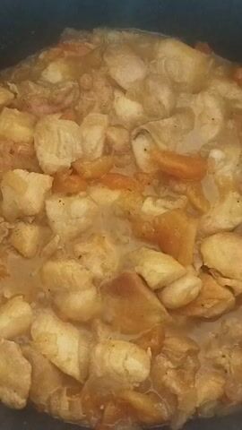 The video shows a close-up of food cooking in a black pot. The food appears to be a stew or braise consisting of diced chicken and diced orange vegetables, possibly carrots. The ingredients are submerged in a light-brown liquid that is bubbling slightly, indicating that the dish is being cooked at a simmer or low boil. The visual focus remains fixed on the contents of the pot throughout the video.