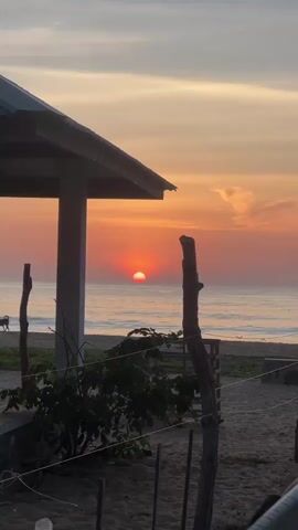 A sunrise scene unfolds with the sun partially visible over the horizon of a calm ocean. The sky displays a gradient of orange and pink hues. In the foreground, a sandy beach is partially visible, with a small gazebo or shelter to the left and a wooden fence structure to the right. Some vegetation is present near the fence. The overall atmosphere is serene and tranquil.