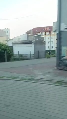 The video pans across a street scene. In the foreground, a textured gray surface, possibly a sidewalk or road, occupies the bottom of the frame. Beyond this, a fence with vertical planks is visible. To the left, a large green and white billboard advertises "Żabka Parking 7" and "OPTYK OKULISTA" with a phone number. Behind the billboard and fence are several buildings, appearing to be residential, with windows and rooftops. Green foliage and trees are present throughout the scene, and a few cars are parked. The lighting suggests it is daytime, possibly late afternoon or early evening.