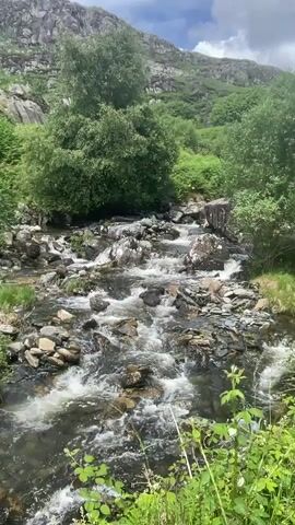 A rocky, shallow stream flows over stones and rapids down a green, mountainous landscape. Trees and vegetation are visible on the banks of the stream and on the slopes of the mountain. The sky is partly cloudy. The video is a still image, with no discernible movement.