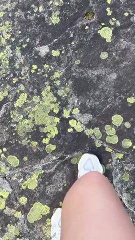 The video begins with a close-up shot of a rocky surface covered in patches of green lichen. A white athletic shoe is visible in the lower right corner, suggesting someone is standing on the rocks. The camera then pans upwards, revealing more of the lichen-covered rock formations.

The scene transitions to a wider view of a dramatic canyon. Lush green coniferous trees densely cover the steep slopes of the canyon. A narrow river or stream winds through the bottom of the canyon, with visible rocks and boulders along its path. In the distance, the canyon opens up to reveal rolling hills and a body of water, possibly a lake or the sea, under a bright blue sky dotted with fluffy white clouds. The overall impression is one of a rugged, natural landscape, likely a hiking or scenic viewpoint. The lighting suggests it is daytime, possibly late morning or afternoon, with clear weather. The image evokes a sense of adventure and appreciation for natural beauty. No text is visible in the video.