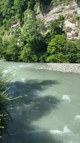 A wide, shallow river flows through a rocky gorge. The water is a milky green color and appears to be moving quickly, with visible ripples and currents. The riverbanks are lined with smooth, gray stones. On the right bank, a steep cliff face rises, covered in lush green trees and vegetation. The cliff is made of layered, light-colored rock, with some darker patches and streaks. The trees are dense and create a thick canopy, with sunlight filtering through the leaves. On the left bank, a smaller patch of green foliage is visible, casting shadows onto the water. The overall scene is one of natural beauty and tranquility, with the sound of flowing water being the primary auditory element. There are no people or animals visible in the video. The lighting suggests it is daytime, likely mid-morning or early afternoon, with bright sunlight.