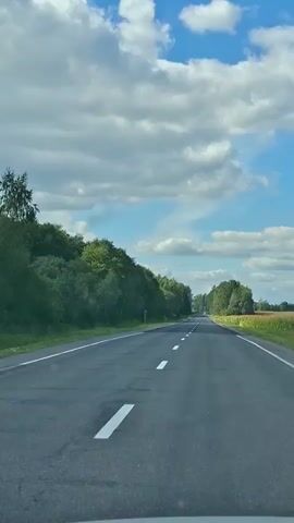 The video shows a first-person perspective of driving on a paved road. The road is black asphalt with white dashed lines marking the lanes. On the left side of the road is a dense line of green trees. On the right side, there is a field of crops, likely corn, and more trees in the distance. The sky is blue with scattered white clouds. The time stamp indicates the video is at the beginning of the recording. There are no people or other vehicles visible in the immediate shot.