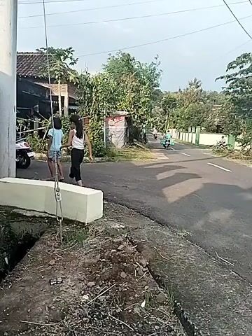 The video shows a street scene in Bangsri, Indonesia, during the daytime under clear skies. The clip begins with two girls walking past a white wall with brown geometric patterns, followed by a light-colored concrete block and a ditch. A power pole and overhead lines are prominent in the foreground.

The camera then pans slightly to the right, revealing a paved road with a white line marking its edge or center. Several vehicles pass by:
- A person on a black motorcycle drives from left to right.
- Another person on a motorcycle follows.
- A red bicycle is parked on the side of the road near some trees and houses.
- A person on a motorcycle carrying a large, bulky load of green foliage or branches on the back drives past.

The background features residential houses with traditional roofs, abundant green trees, and utility poles with numerous wires. The setting appears to be a typical rural or semi-urban area. No specific events or strong emotions are discernible; it captures everyday traffic and pedestrian movement.
