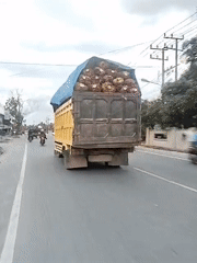 Palm fruit truck travels through Keudebayu, Indonesia