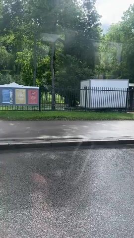 A red sedan drives past a yellow and white ornate gate with a black metal fence. Beyond the fence, lush green trees and grass are visible. The ground in front of the gate appears wet, reflecting the sky and surroundings. A white trailer with a black roof is parked to the left of the gate. Further down the road, a person walks along the sidewalk next to the fence, carrying a bag. The weather appears to be overcast.