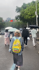 Pedestrians navigate rainy streets with umbrellas in Chongqing