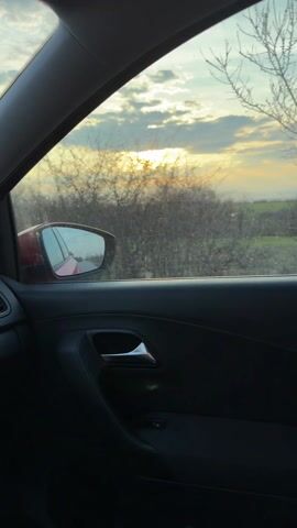 The video captures a view from inside a moving car, looking out through the passenger side window. The interior of the car shows a dark gray or black door panel with a chrome door handle and window controls visible. An air vent is also partially visible on the dashboard in the foreground. Through the window, a red side mirror reflects the car's body and the passing road.

Outside the car, the landscape is moving, indicating the car is in motion. The prominent feature is the sky, displaying a mix of blue and white clouds, with a bright, low-hanging sun casting a warm, golden glow across the horizon. This suggests either a sunrise or a sunset. Bare, leafless trees and bushes line the roadside, beyond which lies a green field or grassy area. The lack of leaves on the trees might indicate late autumn, winter, or early spring. The car's window appears to have some dust or streaks on its surface. The overall atmosphere is serene, with the golden light illuminating the scene.