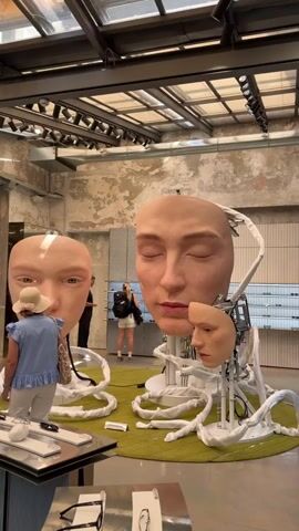 The video shows a retail store with a surreal art installation in the foreground. The installation consists of three large, realistic human faces mounted on metallic structures that resemble robotic limbs. The largest face, with closed eyes, is positioned in the center, while a slightly smaller face with open eyes is to its left. A third, smaller face is attached to the side of the central structure. The faces are smooth and pale, with detailed features. White tubing snakes around the metallic structures, adding to the robotic aesthetic. A woman wearing a blue top and a straw hat is standing in front of the installation, facing away from the camera. She appears to be looking at a display of eyeglasses in the foreground. In the background, two other individuals are visible, one of whom is a woman with blonde hair carrying a backpack. The store interior features a distressed, textured wall, a high ceiling with industrial lighting, and shelves stocked with eyeglasses in the background. The floor in the area of the art installation is covered with a bright green rug. The overall impression is one of an avant-garde retail space combining art and commerce.