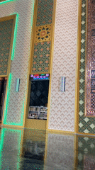 Inside an ornate mosque in Aluekambuk, Indonesia