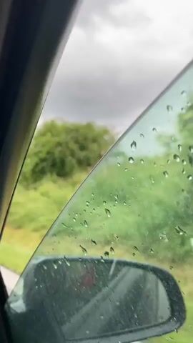 The video shows a view from inside a car, looking out the passenger side window and in the side mirror. The window has raindrops on it. Outside, it appears to be a cloudy or overcast day. There is green grass and vegetation on the side of a road. In the distance, there are fields, trees, and a single tree planted with support stakes. The side mirror reflects the interior of the car and a person wearing a red and black checkered shirt. The car is in motion, indicated by the slight blur of the scenery.