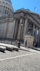Cobblestone streets near a domed Paris landmark, from two angles.