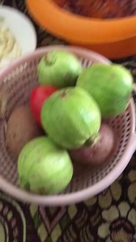 The video shows a collection of vegetables laid out on what looks like a patterned rug. There are two colanders: one pink containing potatoes, round green zucchini, and a single red tomato; and another red colander holding red onions and green chili peppers. A white plate is filled with peeled garlic cloves. A small orange bowl contains already chopped onions. The focus appears to be on the ingredients potentially for a meal preparation.