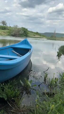 A static eye-level shot shows a light-blue boat partially on land at the edge of a tranquil lake. The boat contains a single paddle. The lake surface reflects the cloudy sky. Green grass and aquatic plants grow along the shoreline where the boat rests. A grassy hillside and sparse trees are visible across the water.