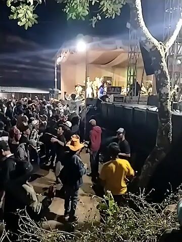 A large group of people are gathered outdoors at night, facing a stage where a band is performing. The stage is lit with spotlights and the audience is illuminated by the stage lights and ambient light. Some of the audience members are dancing and raising their hands. The ground appears to be dirt and there is vegetation in the foreground. A large tree is on the right side of the frame. The overall atmosphere seems festive and energetic.
