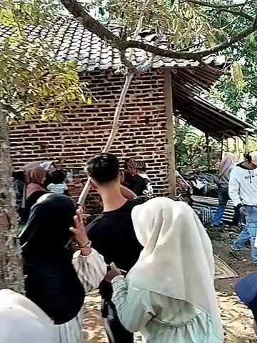 A group of people are gathered outdoors in what appears to be a rural setting. In the foreground, several individuals are seen from behind, including one person wearing a white hijab and another in a black t-shirt. Behind them, in the middle ground, a man in a black t-shirt with a design on it is seen talking and gesturing to a group of people. To his right, another man in a white shirt and jeans is visible, interacting with someone. Further in the background, more people are present, and there is a brick building with a tiled roof. The environment appears to be sunny, with trees and foliage visible. Some objects that look like debris or materials are scattered around the ground. The overall impression is of a social gathering or event taking place in an open-air, possibly informal, location.