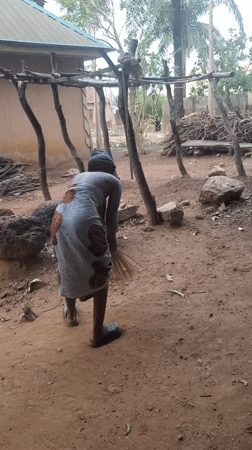 Woman sweeps yard in early morning, Akwanga Nigeria