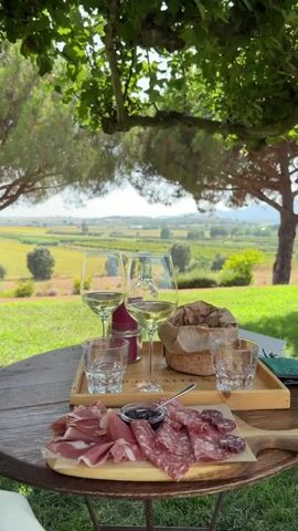 The video shows a close-up view of a wooden table set for a wine tasting outdoors. In the foreground, a wooden board holds an assortment of cured meats, including thinly sliced prosciutto and various types of salami, along with a small dish of dark spread, possibly olive tapenade. Beside the board, on a wooden tray, are two wine glasses filled with white wine, two small glasses of water, and a basket of bread. A small red candle is also visible. The background features a picturesque landscape of rolling hills, vineyards, and trees under a clear sky, suggesting a rural or vineyard setting. The camera angle is from slightly above the table, looking out towards the landscape. The lighting indicates it is daytime, likely sunny. No people are visible in the frame. The overall impression is one of a relaxed, upscale outdoor dining or tasting experience.