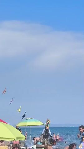 The video begins with a wide shot of a beach on a sunny day. The sky is a vibrant blue with scattered white clouds. The ocean is visible in the background, and several people are enjoying themselves on the beach and in the water. There are beach umbrellas, and some people are wading in the shallow water.

As the video progresses, the camera pans up to show a line of kites flying in the sky. The kites are of various shapes and colors, including some that resemble animals like birds and dragons. There are also what appear to be kite tails trailing behind some of the kites, adding to the visual spectacle.

The focus shifts to the kites, which are arranged in a diagonal line against the blue sky, some moving slowly and gracefully while others appear to be more active. The video continues to show more kites joining the display, with some appearing closer to the viewer and others further away. The camera captures a variety of kite designs, including a large kite that looks like a butterfly or a moth, and another that resembles a stylized bird of prey.

Towards the end of the video, the camera zooms out slightly, showing more of the beachgoers below, many of whom appear to be looking up at the kites. The kites continue to fly in formation, creating a colorful and dynamic display against the backdrop of the sky and the sea. The video ends with a final view of the kites in the sky, with the beach and ocean still visible in the lower portion of the frame.