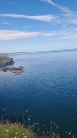 A drone shot shows a cliffside overlooking the ocean, then pans to a person wearing a backpack and a hat, walking in a grassy field toward a stone building with a large window.