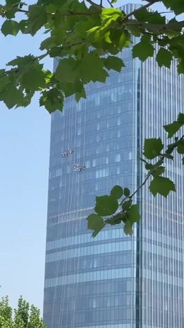 The video shows a tall, modern skyscraper with a glass facade under a clear blue sky. The view is partially obscured by tree branches with green leaves in the foreground. There are four groups of people positioned on the building's exterior, presumably window cleaners. Each group consists of two or three individuals, and they appear to be attached to the building by ropes or some form of scaffolding, as they are positioned vertically along the glass facade. The building dominates the frame, emphasizing its height and the scale of the work being done on its exterior.