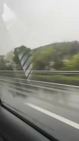A car is driving down a wet road on a cloudy day. Trees and greenery are visible outside the car window. A metal guardrail runs alongside the road. There is a sign with white and black stripes next to the road. The interior of the car is visible, including the car door. The windshield is slightly dirty.