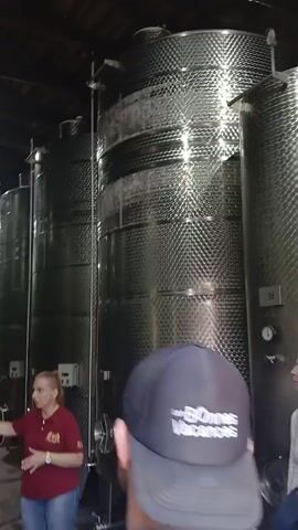 The video shows a tour group inside a winery or similar industrial facility. In the foreground, three individuals are visible, with two women in focus and a third person's head visible on the right. One woman, wearing a maroon shirt with a crest, is speaking and gesturing with her left hand, appearing to be a tour guide. Another woman, wearing a white shirt and sunglasses on her head, is looking towards the speaker. Behind them are several large, stainless steel cylindrical tanks, characteristic of wine fermentation or storage. The tanks are equipped with various pipes, valves, and gauges, and some have digital displays. The environment appears to be dimly lit, with overhead lighting illuminating the tanks. The ceiling shows exposed wooden beams and rafters. The camera pans to the right, revealing a long row of similar stainless steel tanks stretching into the distance, creating a repetitive, industrial visual. More people are visible in the distance, also appearing to be part of the tour.