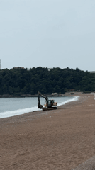 Excavator operates on beach at water's edge