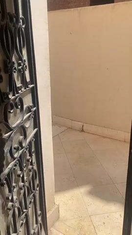 The video opens with a view looking through a decorative metal gate, revealing an outdoor space with tiled flooring and a light-colored wall. The camera then pans to the right, showing a narrow staircase leading downwards and more of the tiled area. The perspective shifts to focus on the wall, with some signs of wear and tear. The camera then moves further to reveal an exterior view with houses, trees, and flowering bushes in the background under a clear sky. An air conditioning unit is visible on the ground. The final shot continues to show the exterior setting, with more of the building and vegetation.
