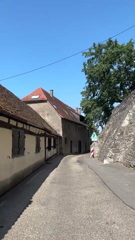 A slow-motion video pans down a narrow paved alleyway, lined with aged buildings. On the left, a light-colored building with dark shutters and a red-tiled roof, showing some moss growth, is visible. Next to it, a larger, darker building with a red-tiled roof and dormer windows stands. On the right, a high stone wall dominates the scenery, with a large, mature tree growing above it. Further down the alley, road signs are visible, including a triangular warning sign and a striped barrier. The video then zooms in on a wooden door of one of the buildings. Above the door, a wooden sign reads "Deutsche Greifenwarte" and "Burg Gutenberg". An ornate lantern hangs to the left of the sign. A digital keypad is mounted on the wall to the left of the door. A framed picture of an owl is attached to the wooden door. The sky is clear and blue.