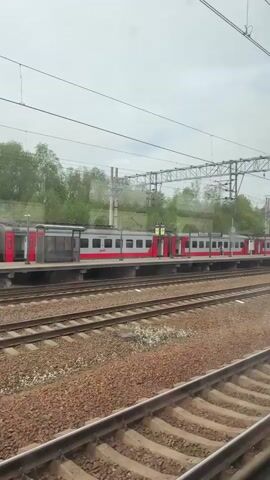The video shows a train passing another train stopped at a station on a cloudy day. The stopped train is painted in gray and red, with open doors along its length. The tracks are laid with gravel and cross ties. Above the tracks are power lines supported by metal structures and concrete poles. Beyond the tracks, green trees are visible against the overcast sky. The camera appears to be positioned inside a moving train, capturing the scene through a window.