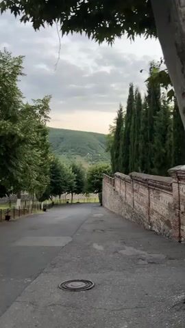 The video begins by showing a paved road curving slightly uphill. On the right side of the road, there is a low, weathered brick wall with a stone cap. Beyond the wall, tall, slender cypress trees are visible, followed by a lush green hillside. On the left side of the road, mature trees with full green canopies line the path. The sky is overcast with gray clouds. As the video progresses, the camera pans to the left, revealing an open-air wooden structure with a sloping roof, supported by wooden posts. Adjacent to this structure, on the left, is a small, rustic building with a stone and brick facade and a wooden door and window. Inside the window, several items are visible, possibly souvenirs or crafts. The camera continues to move forward, showing more of the road and the surrounding greenery. Further down the road on the left, a small wooden fence encloses a grassy area, and beyond that, more trees and buildings can be seen in the distance. The overall impression is of a scenic, somewhat rural location, possibly a park or a historical site, with a tranquil atmosphere.