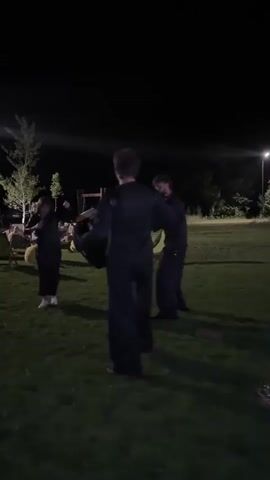 A group of people are in a grassy outdoor area at night. Two people in the foreground are wearing dark clothing and one is playing an accordion. Another person in the background is wearing dark clothing and appears to be dancing. There are trees and lights in the background.